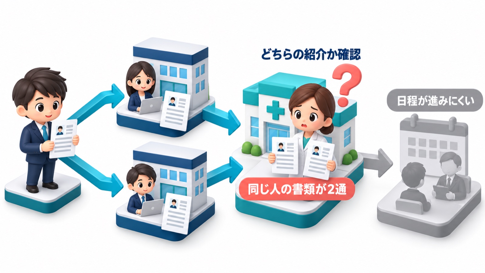 同じ応募者の書類が2つの紹介会社を通って1つの薬局に届き 採用側でどちらの紹介として扱うかを確認する間 面接の日程が進みにくくなる流れの図
