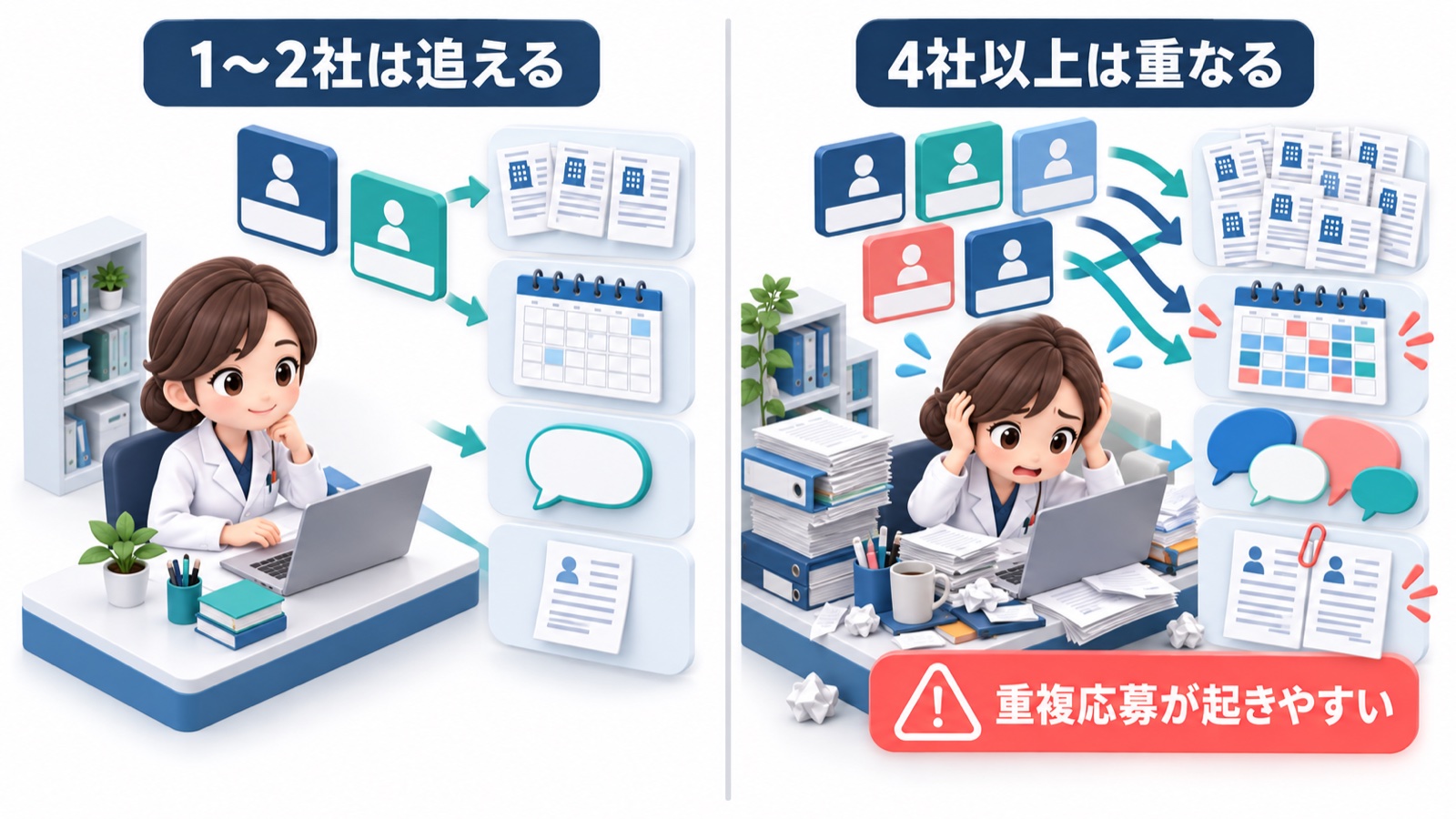 社数が1〜2社のときと4社以上のときで求人の重なり やり取りの手間 条件の伝わり方 重複の起きやすさがどう変わるかを左右に並べた比較の図