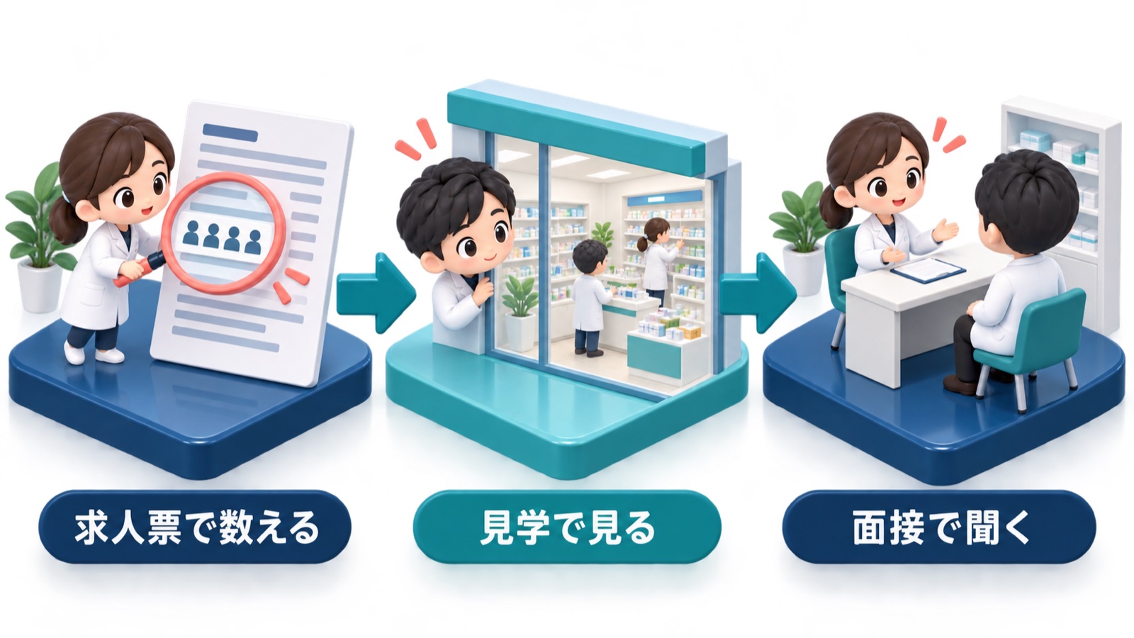 求人票で数える・見学で見る・面接で聞くの3段階で薬局の体制を確かめる流れを、箱と矢印で示した図