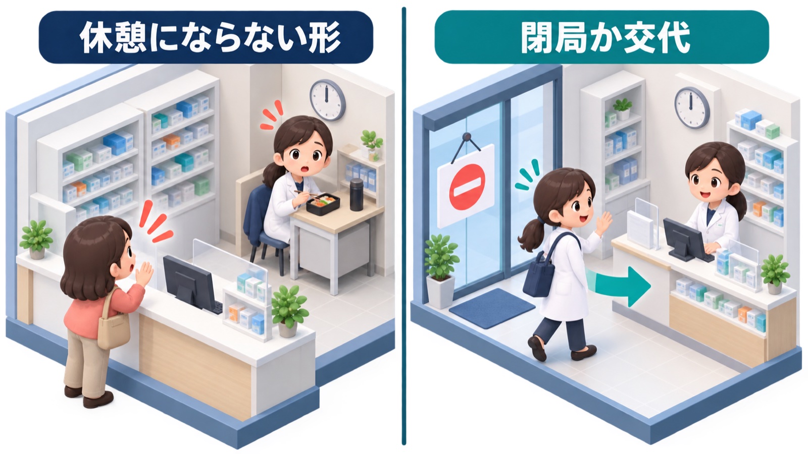 開局したまま奥で食事をして呼ばれる形と昼に閉局するか交代の薬剤師が入る形を左右に並べて比べた図
