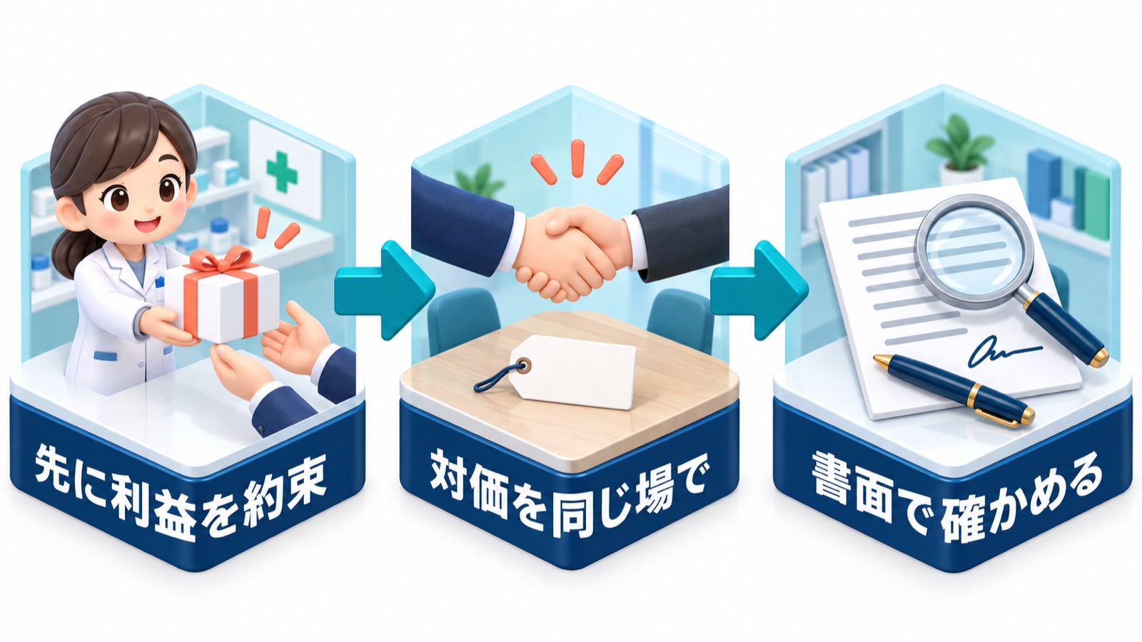 先に利益を約束 対価を同じ場で 書面で確かめる の3つの箱が矢印でつながった年収交渉の手順の図
