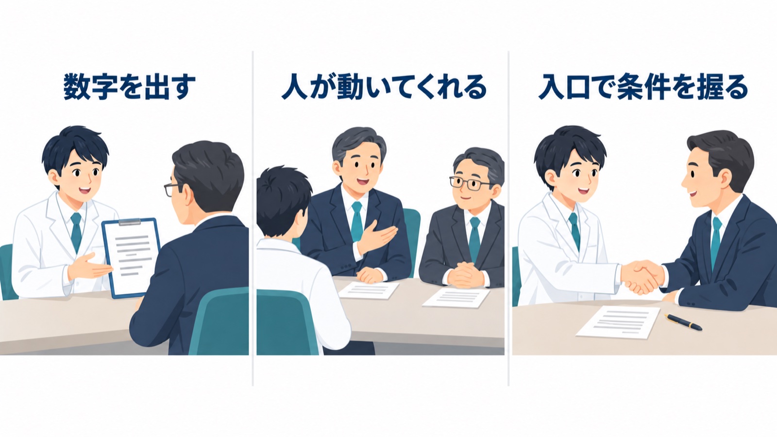 数字を出す 人が動いてくれる 入口で条件を握る の3つの昇給のきっかけを並べた図