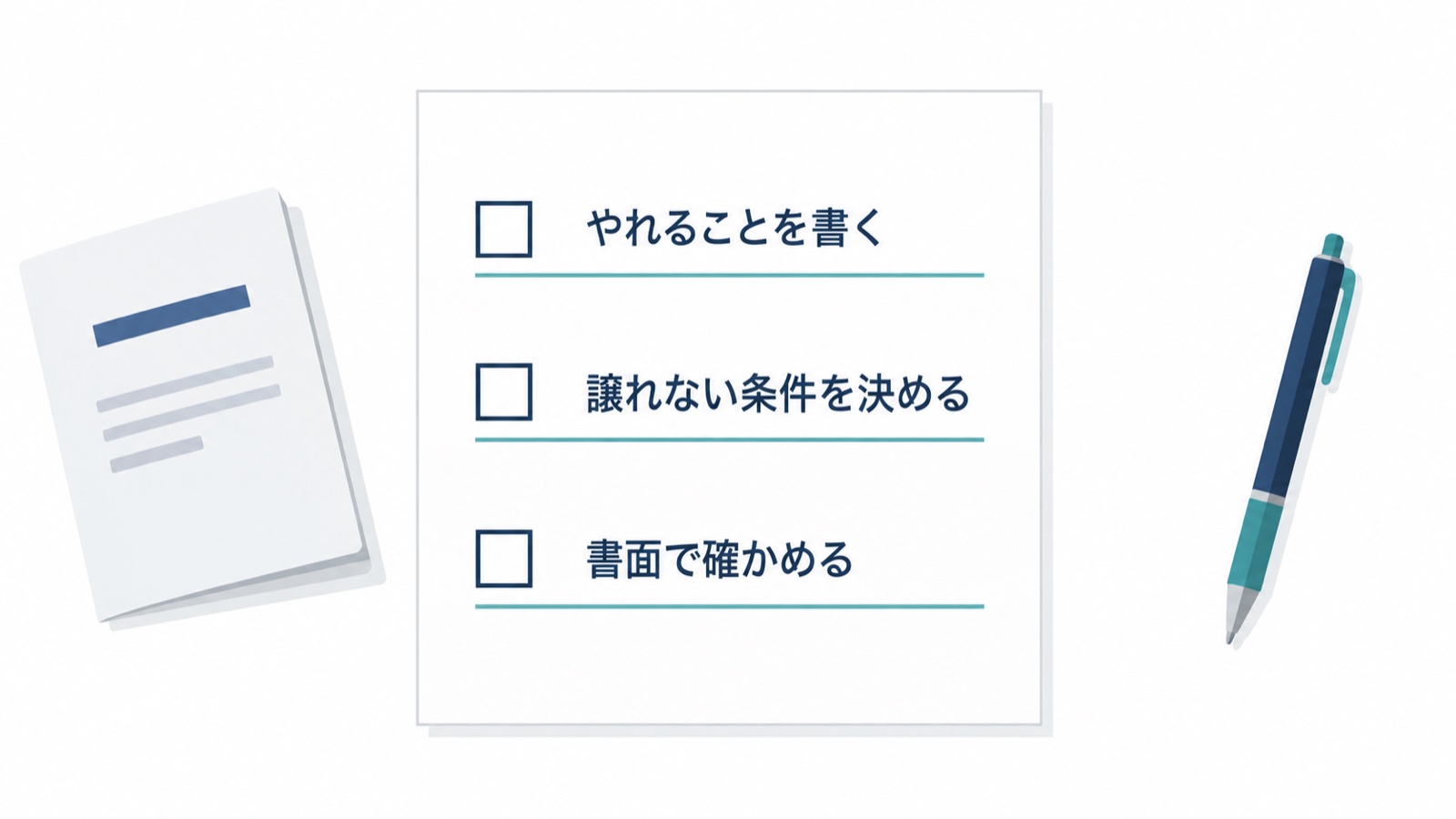 やれることを書く 譲れない条件を決める 書面で確かめる のチェックリストの図