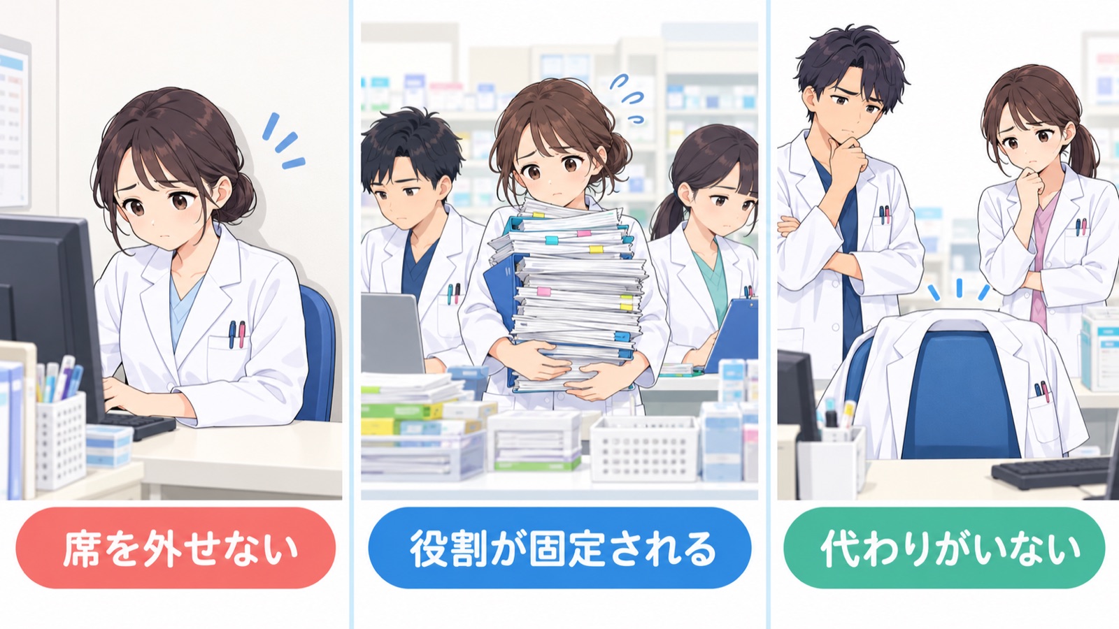 少人数の薬局に逃げ場がない3つの理由を並べた図。3つの区画にそれぞれ白衣のスタッフが描かれ、下に「席を外せない」「役割が固定される」「代わりがいない」と書かれている