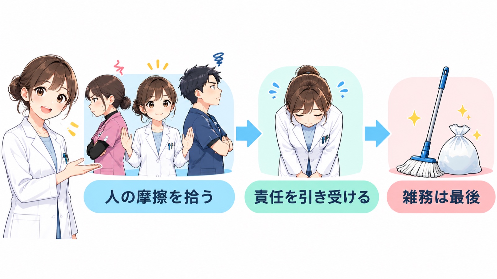 拾う面倒の順番を矢印でつないだ図。左から「人の摩擦を拾う」「責任を引き受ける」「雑務は最後」と書かれた3つの箱が並び、白衣の薬剤師が左端に立っている