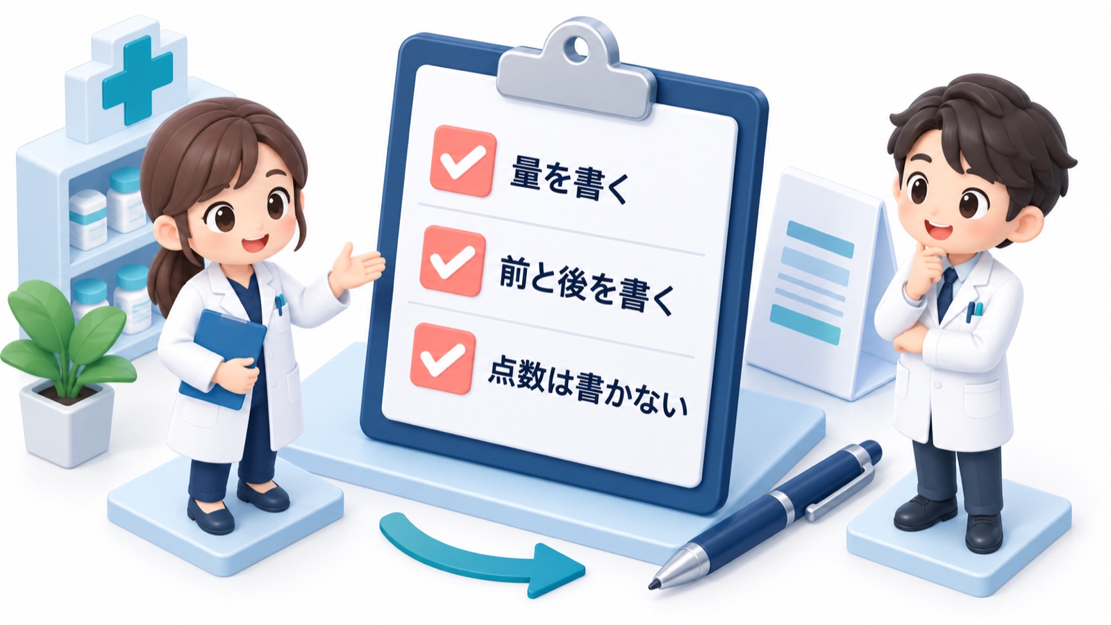提出前の確認として 量を書く 前と後を書く 点数は書かない の3項目が並んだチェックリストの図