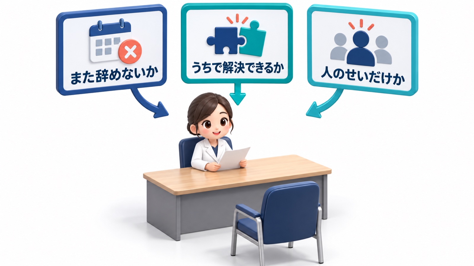 面接官が転職理由を聞きながら また辞めないか うちで解決できるか 人のせいだけか の3つを確かめている図