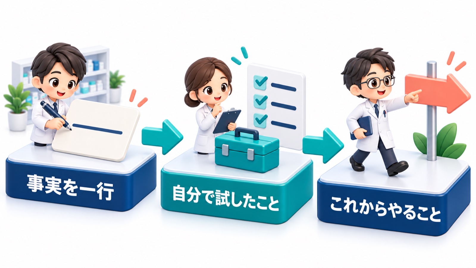 事実を一行 自分で試したこと これからやること の3つの箱が矢印でつながった言い換えの手順の図