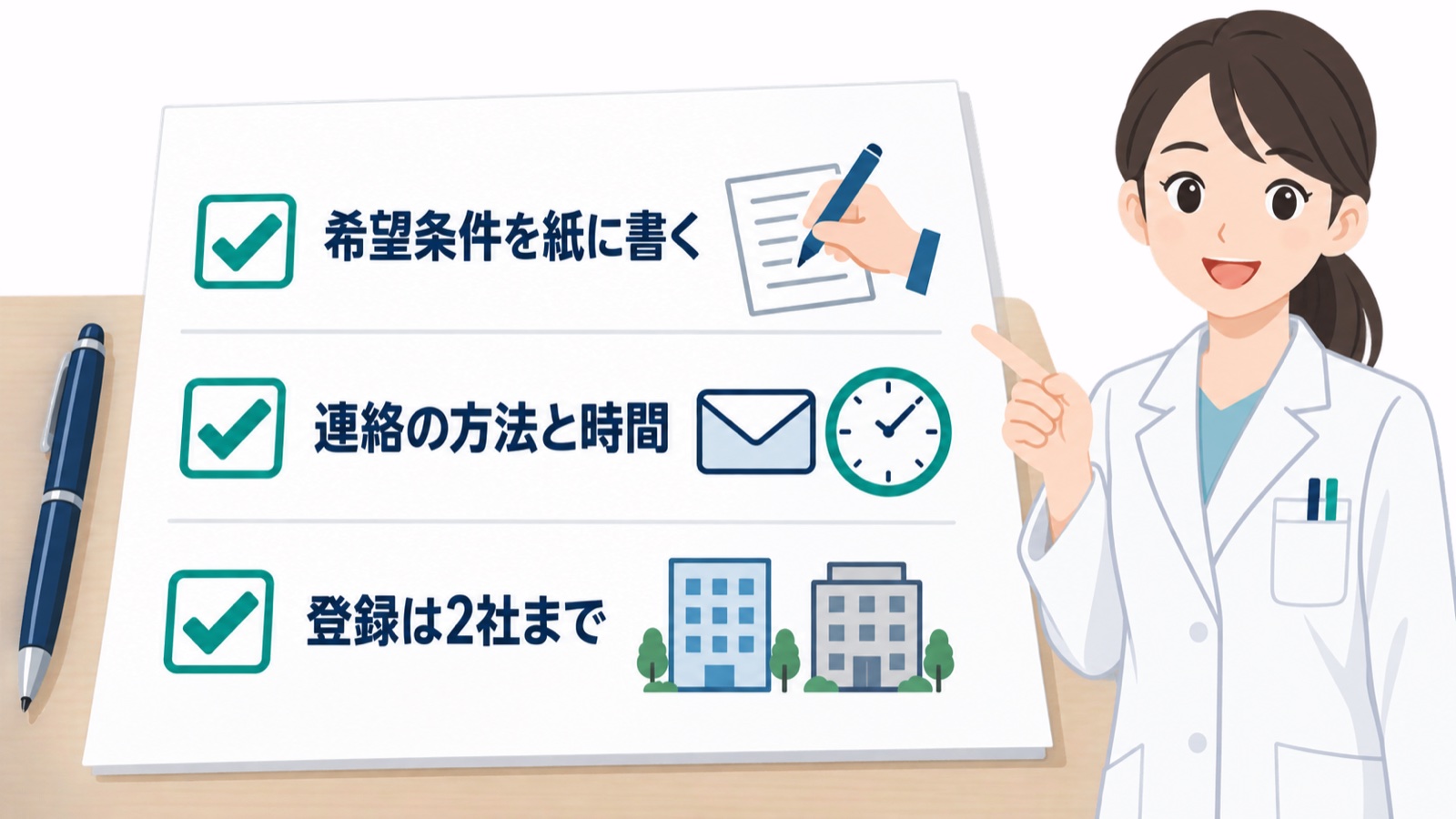 「希望条件を紙に書く」「連絡の方法と時間」「登録は2社まで」の3点を並べたチェックリストの図