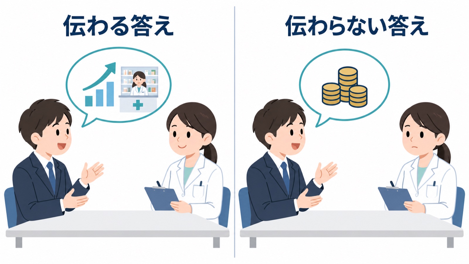 面接で伝わる答えと伝わらない答えを左右に並べて比べた図