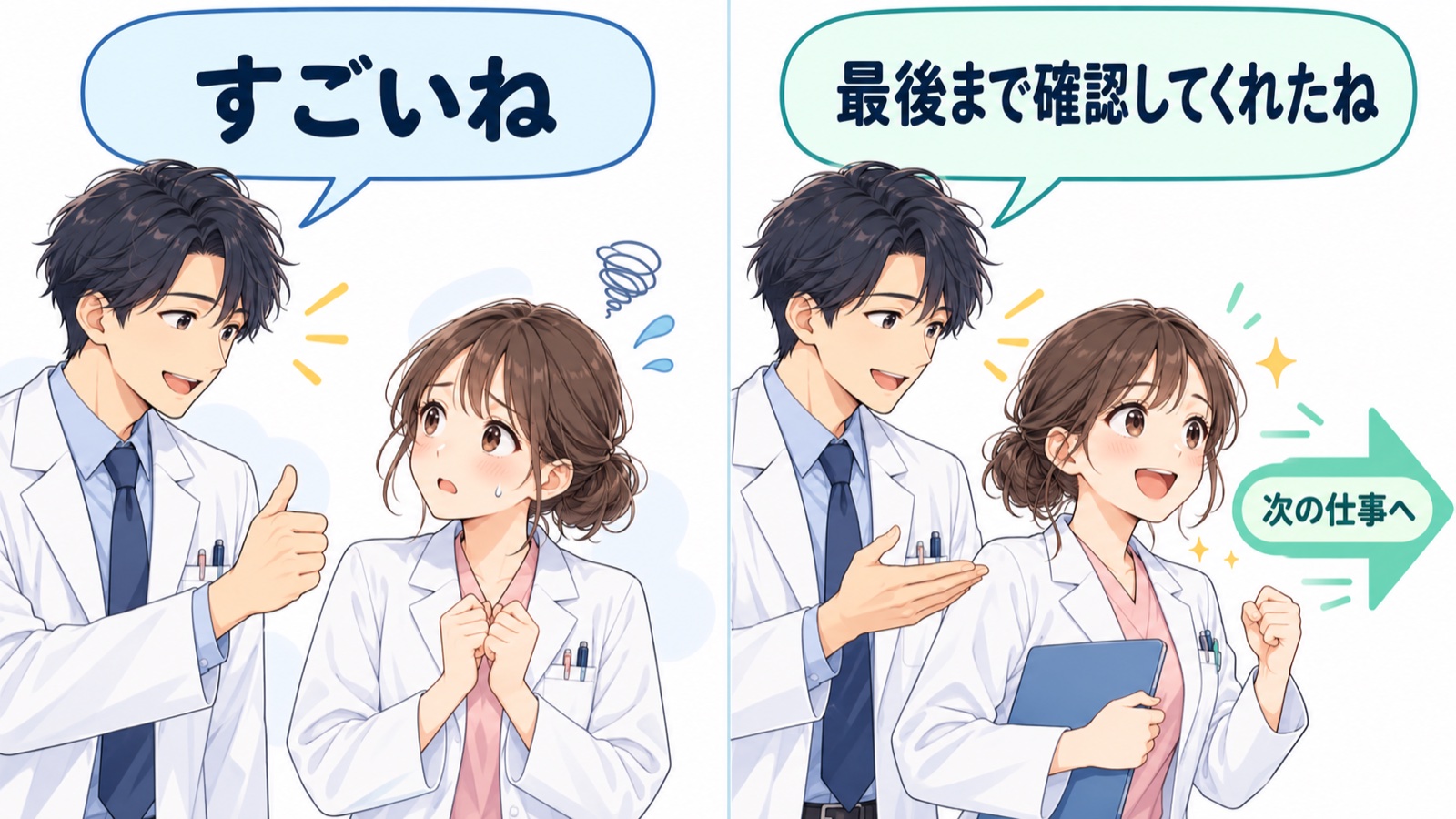 「すごいね」と能力をほめる上司の吹き出しと、「最後まで確認してくれたね」と過程を伝える上司の吹き出しを左右に並べ、左の部下は失敗を怖がる表情、右の部下は次の仕事に向かう表情で比べた図