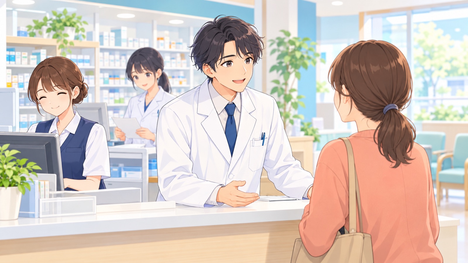 薬局の待合室で、管理薬剤師が率先してカウンターに出て対応し、後ろで事務スタッフと薬剤師が安心した表情で自分の仕事を続けている場面