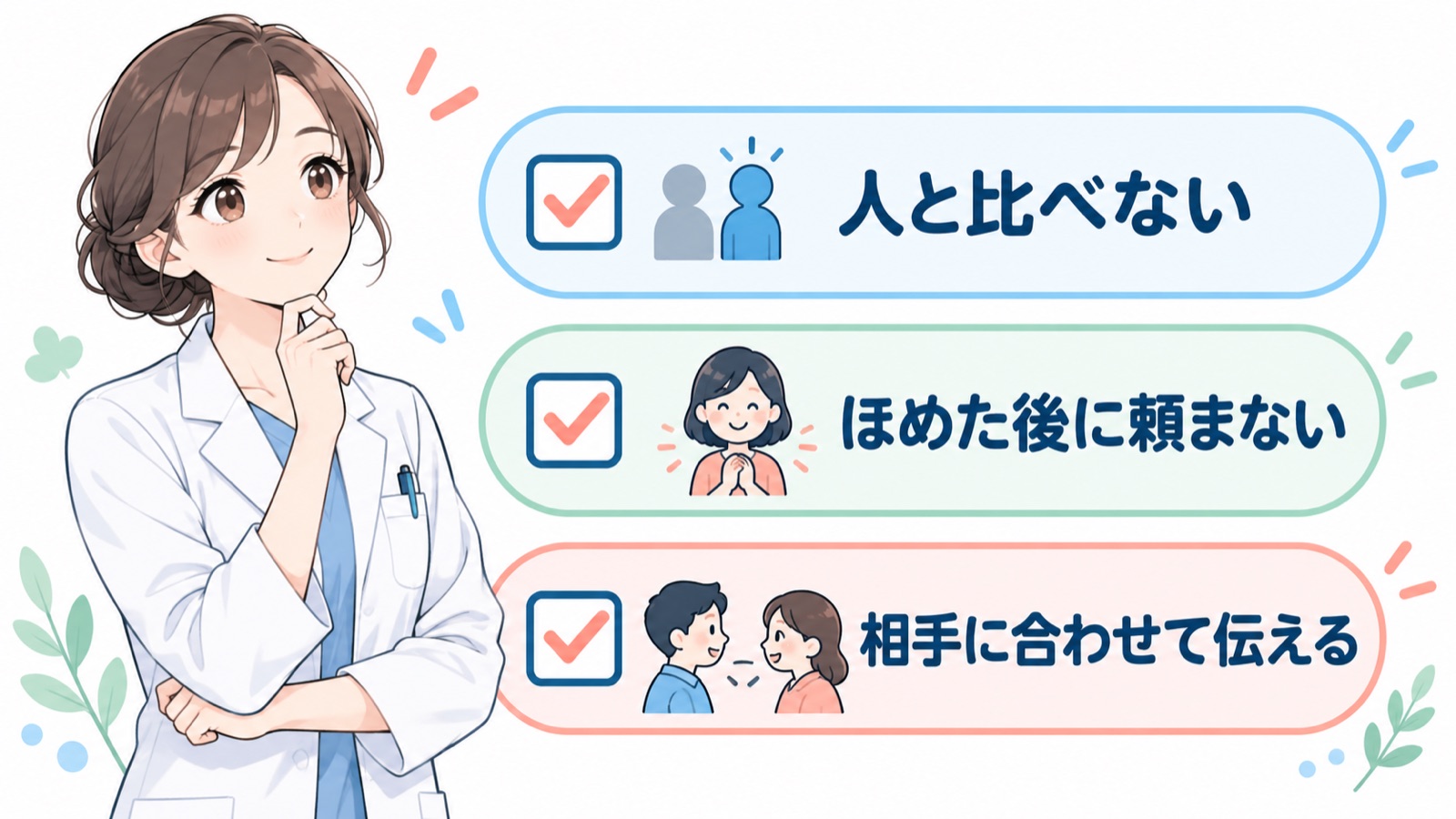 ほめる時の注意点のチェックリストの図。人と比べない、ほめた後に頼まない、相手に合わせて伝える、の3つにチェック欄が付いている