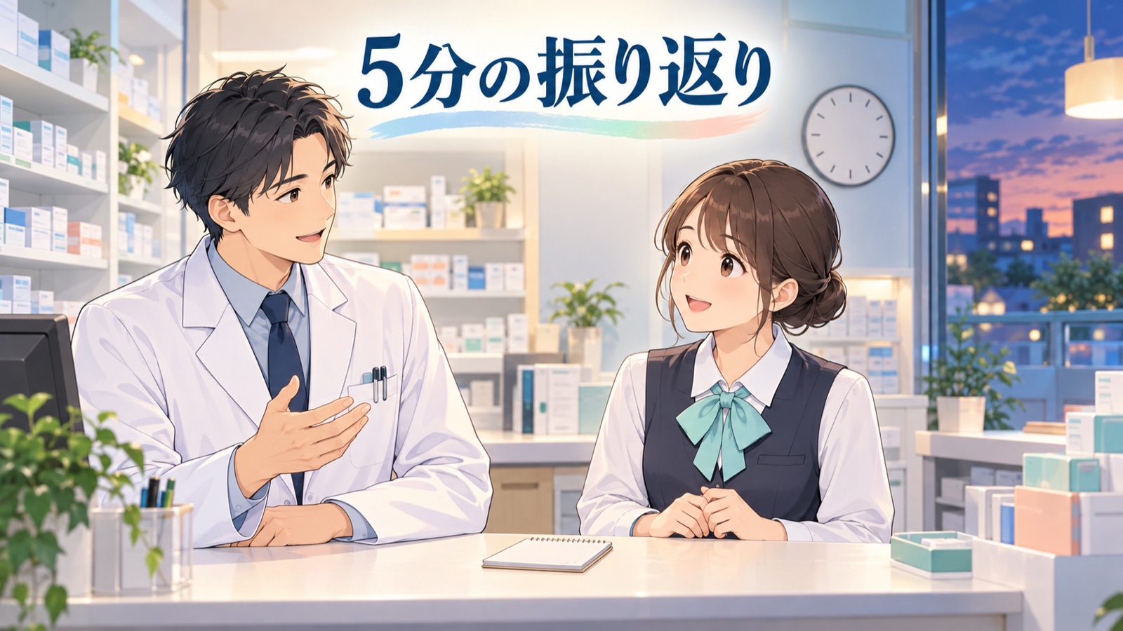 勤務時間の中、閉店前の片づけの後に薬局のカウンターで、管理薬剤師と医療事務の新人が小さなメモを間に置いて短い振り返りをしている場面のイラスト