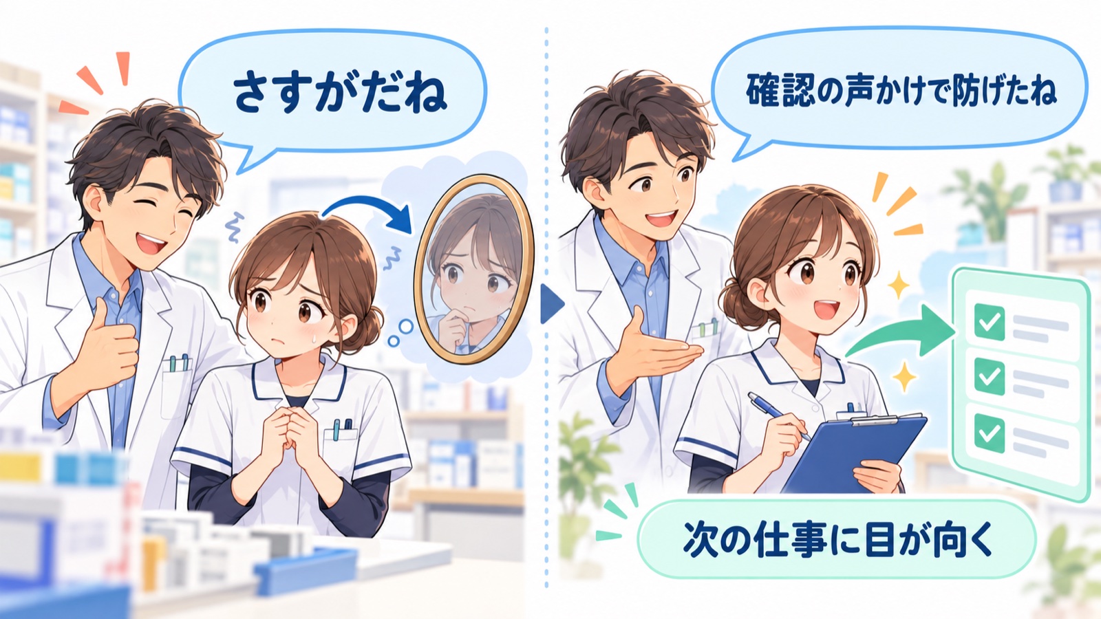 「さすがだね」と人柄をほめる吹き出しと「確認の声かけで防げたね」と仕事のやり方を伝える吹き出しを左右に並べ、それぞれ相手の注意が自分の評価と次の仕事に向かう矢印で比べた図