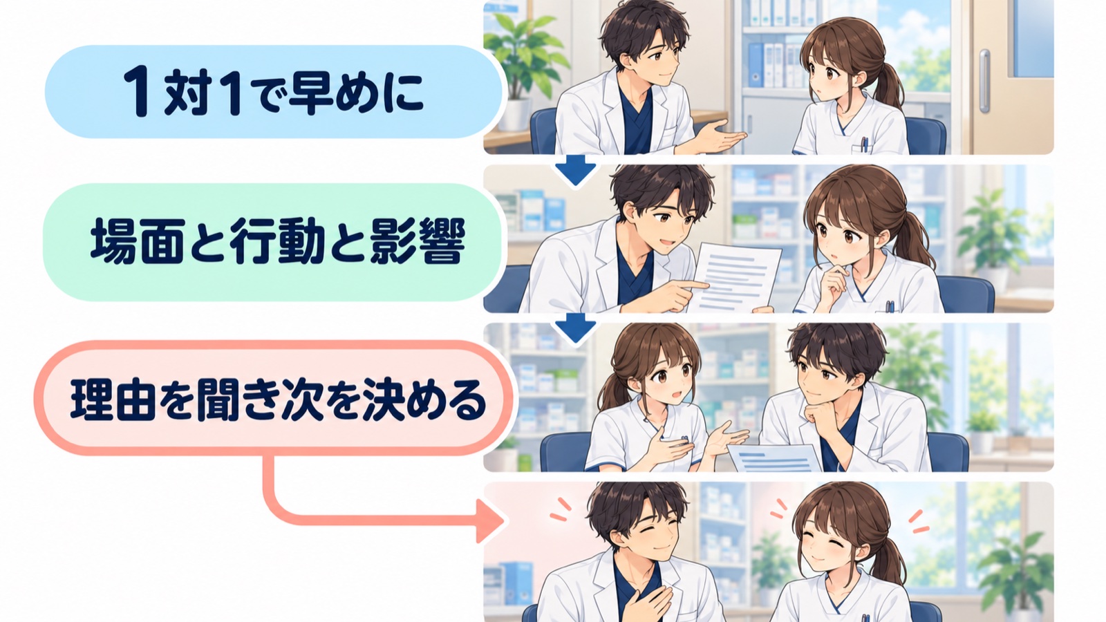 部下に伝える手順を、上司と部下のイラスト4コマと矢印でつないだ流れの図。1対1で早めに、場面と行動と影響、理由を聞き次を決める、の文字があり、最後は2人が笑顔でうなずいている
