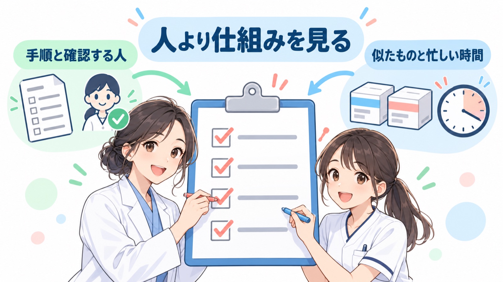 同じミスが続く時に、人ではなく仕組みを見直す図。人より仕組みを見る、手順と確認する人、似たものと忙しい時間の文字と、手順書・確認する人・似た箱・時計の絵があり、上司と部下が一緒にチェックリストに印を付けている