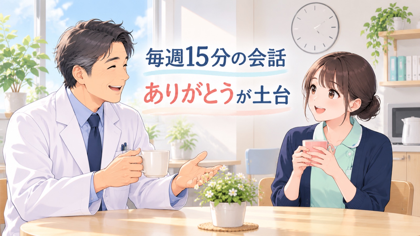上司と部下が休憩室でお茶を手に短く話している場面のイラスト。上司がありがとうと伝え、部下が笑顔でうなずいている。毎週15分の会話、ありがとうが土台、の文字