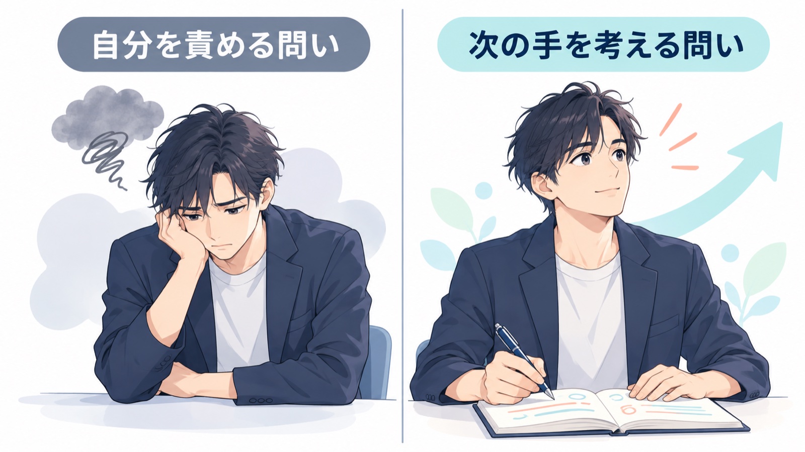 自分を責める問いと次の手を考える問いを左右に並べた比較の図。左は落ち込む上司、右はメモを取りながら次の行動を考える上司