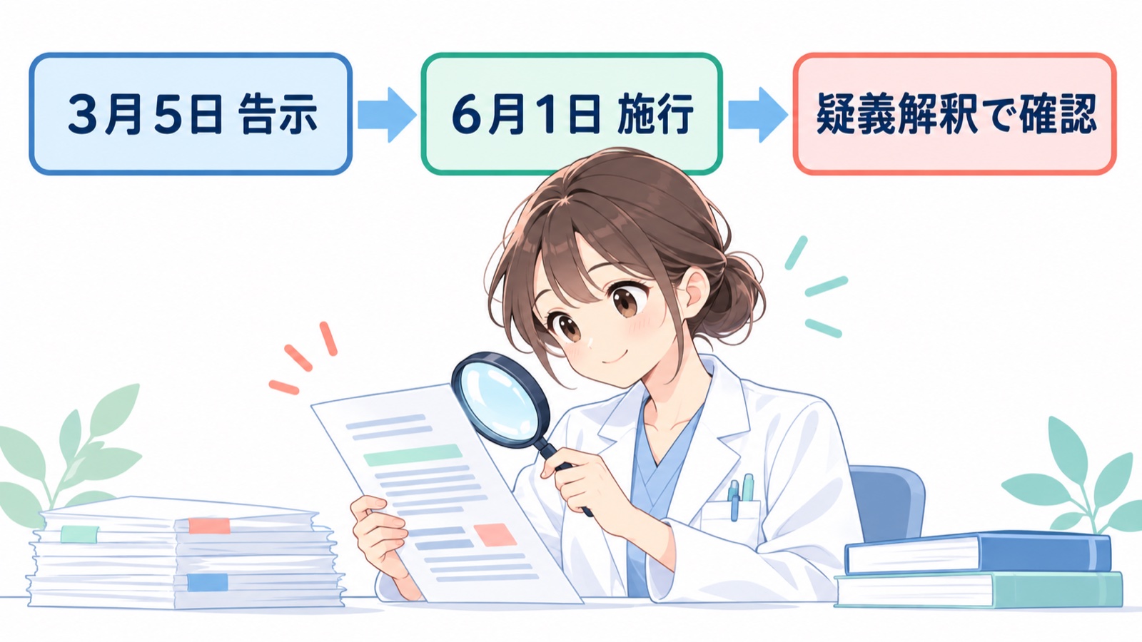 改定の流れの図。左から「3月5日 告示」「6月1日 施行」「疑義解釈で確認」の3つの札が矢印でつながり、その下で薬剤師が資料を確かめている
