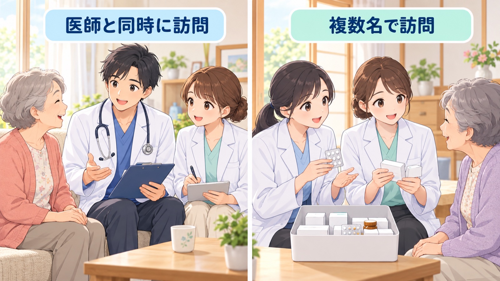 在宅訪問の2つの形の絵。左は医師と薬剤師が一緒に患者さんの家を訪ねる「医師と同時に訪問」、右は薬剤師2人で訪ねる「複数名で訪問」