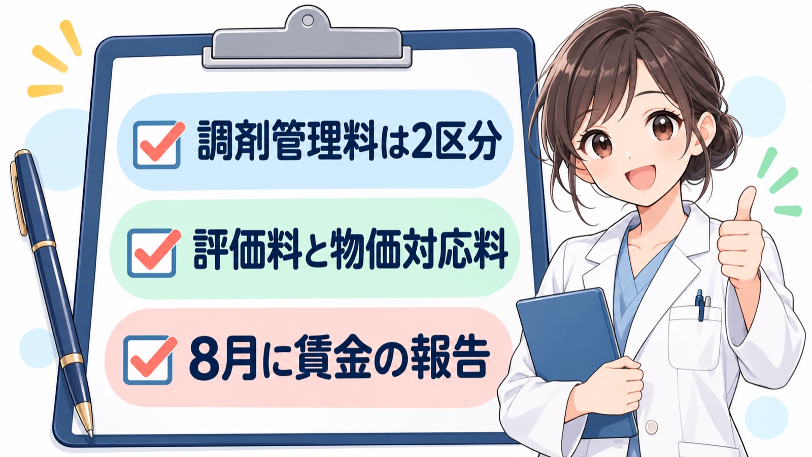 すべての薬局に関わる変更のチェックリストの図。クリップボードに「調剤管理料は2区分」「評価料と物価対応料」「8月に賃金の報告」の3項目とチェック欄が並んでいる