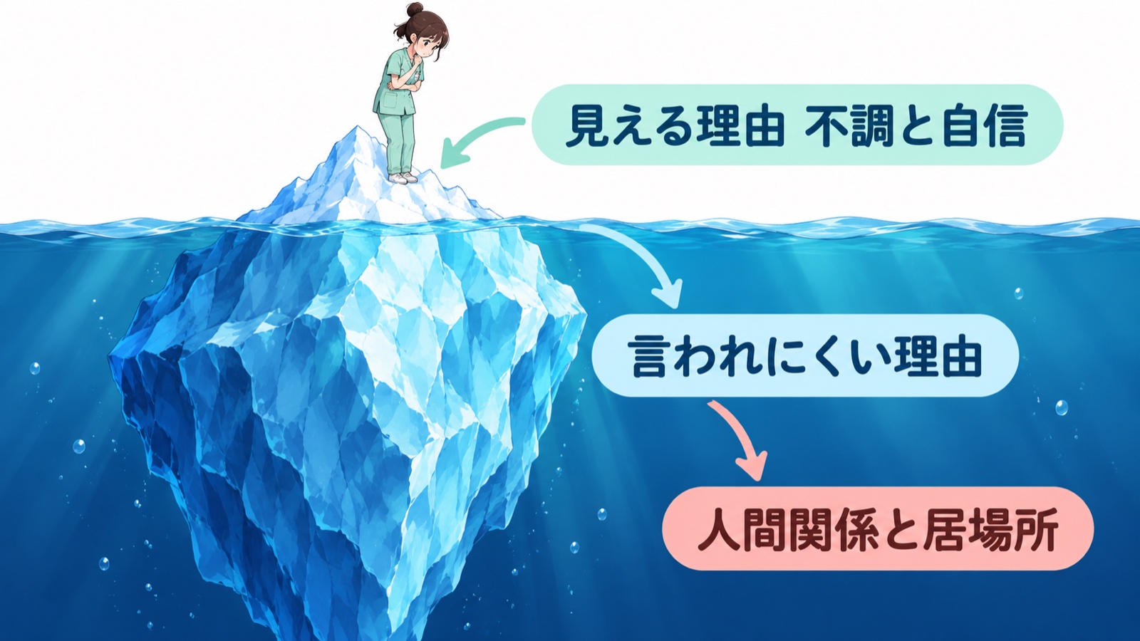 退職理由を氷山にたとえた図。水の上に見えるのは不調と自信の理由、水の下の言われにくい理由は人間関係と居場所