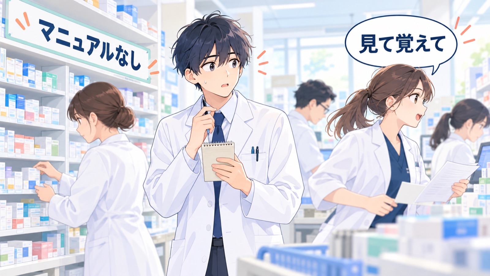 マニュアルの無い忙しい薬局で、白衣の新人薬剤師がメモを手に、忙しく働く先輩たちの間で戸惑っている場面