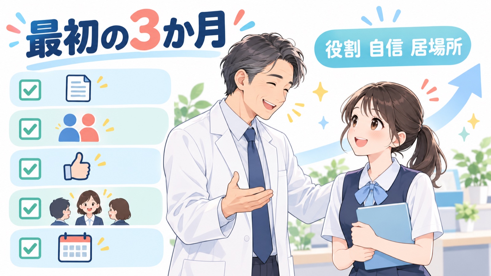 新人を迎える最初の3か月の5つのチェックリスト。仕事の一覧を渡す・聞ける相手を決める・できたことを伝える・紹介の場をつくる・月1回話を聞く