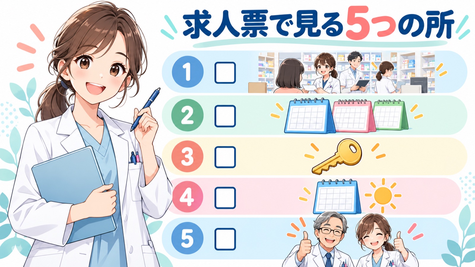 求人票で見る5つの所の図。1〜5の番号とチェック欄が付いた5行(混んだ薬局のカウンター・カレンダーの束・鍵・休日のカレンダー・励ます先輩の絵)と、ペンを持つ白衣の薬剤師