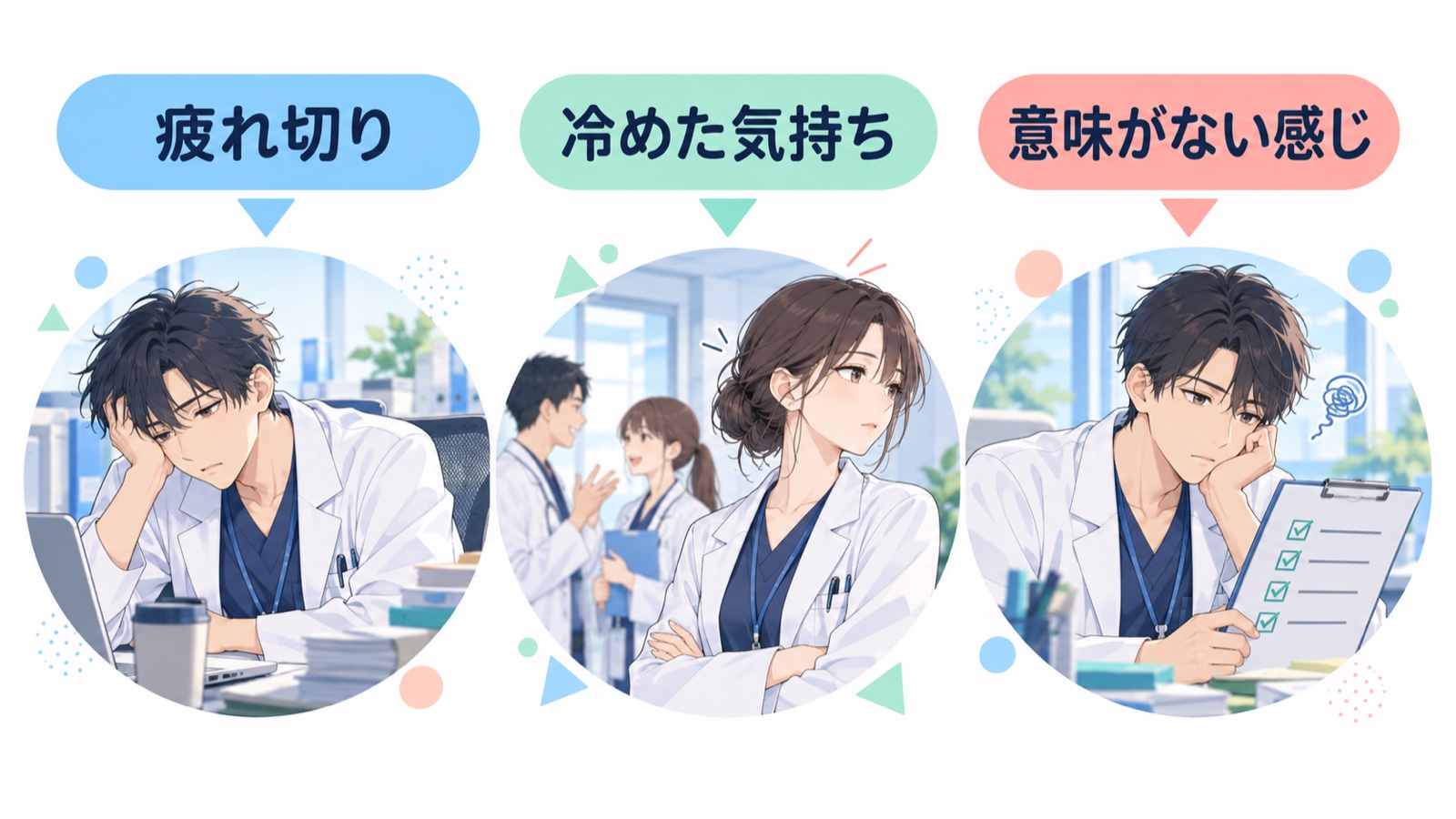 燃え尽きの3つのサインを並べた図。疲れ切り・冷めた気持ち・やっても意味がない感じの3つの丸に、それぞれの状態の管理職のイラスト