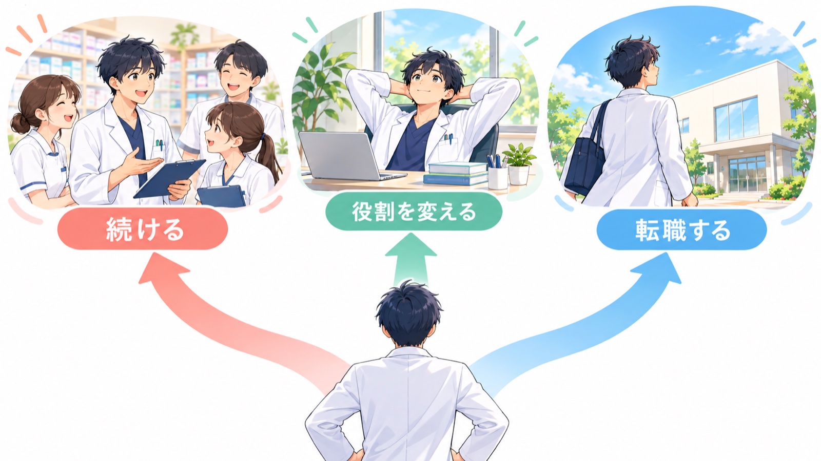 疲れた管理職の前に3つの道が分かれている図。続ける・役割を変える・転職するの3つの看板と、それぞれの道の先で一息つく医療スタッフ