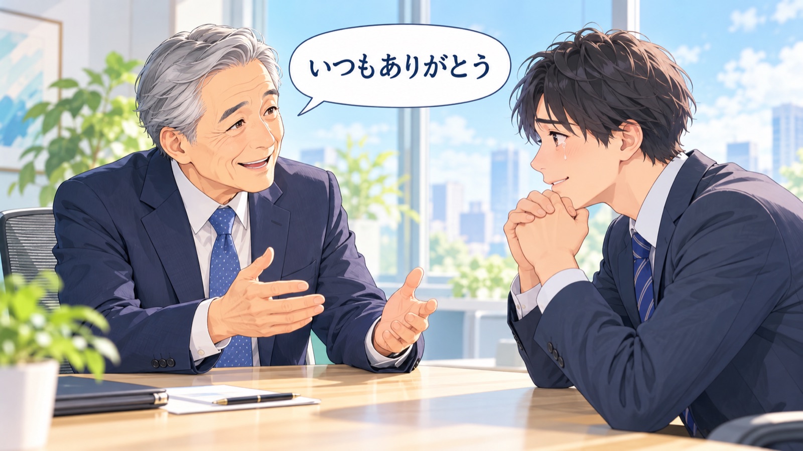 役員が疲れた表情の管理職に向き合い、いつもありがとうと声をかけている場面のイラスト