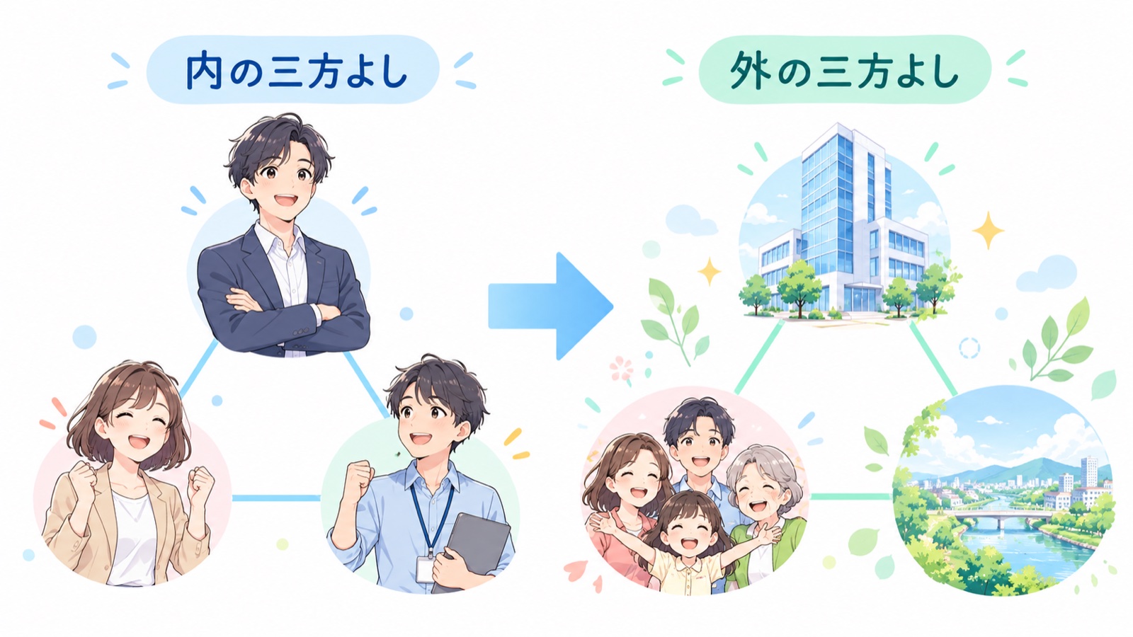 内の三方よし（経営者・管理職・スタッフ）が整い、その先で外の三方よし（会社・お客さま・世の中）につながる流れを示した図