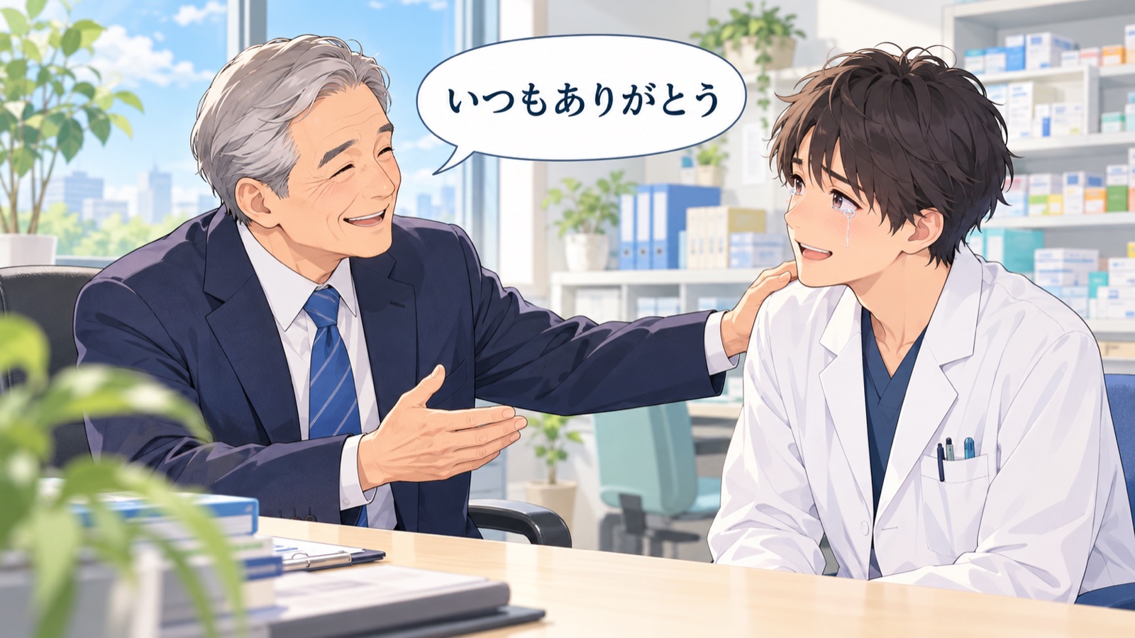役員が疲れた表情の管理職と向き合って座り、いつもありがとうと声をかけている場面のイラスト。管理職は目に涙を浮かべている