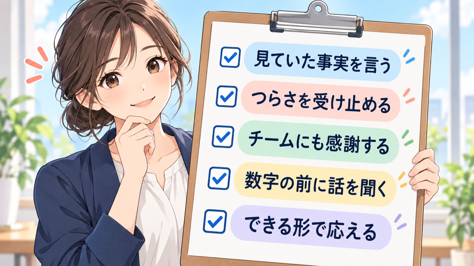 経営者が管理職に感謝を伝える前のチェックリストの図。見ていた事実を言う、つらさを受け止める、チームにも感謝する、数字の前に話を聞く、できる形で応える、の5つにチェック欄が付いている