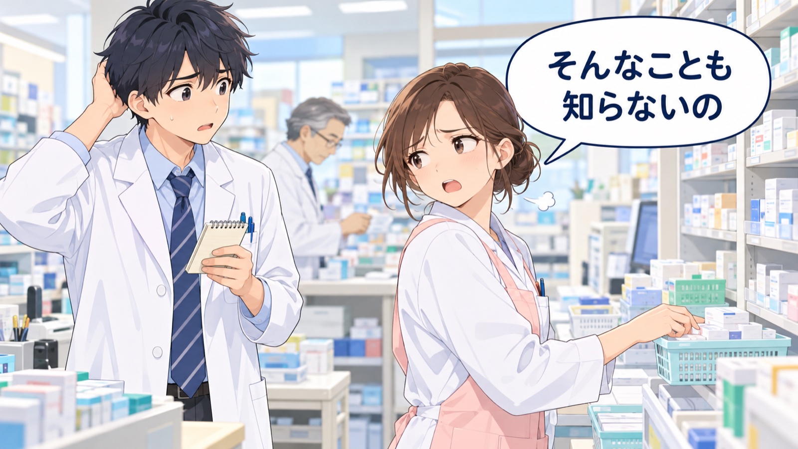 メモ帳を持って困った顔をする新人の男性薬剤師と、薬を棚に戻しながらため息をつく薬局のスタッフ。スタッフの口から「そんなことも知らないの」という吹き出しが出ている