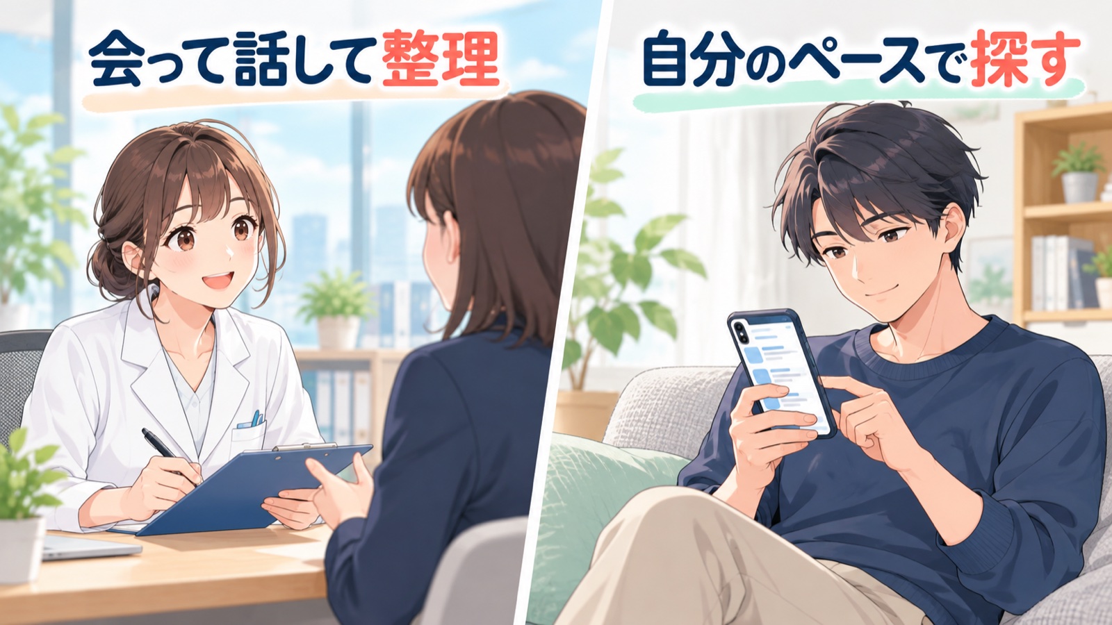 2人の薬剤師を左右に並べた場面のイラスト。左は面談の机で担当者と向き合いメモを取る白衣の女性薬剤師で「会って話して整理」、右は自宅のソファでスマホの求人を一人で眺める男性薬剤師で「自分のペースで探す」と書かれている