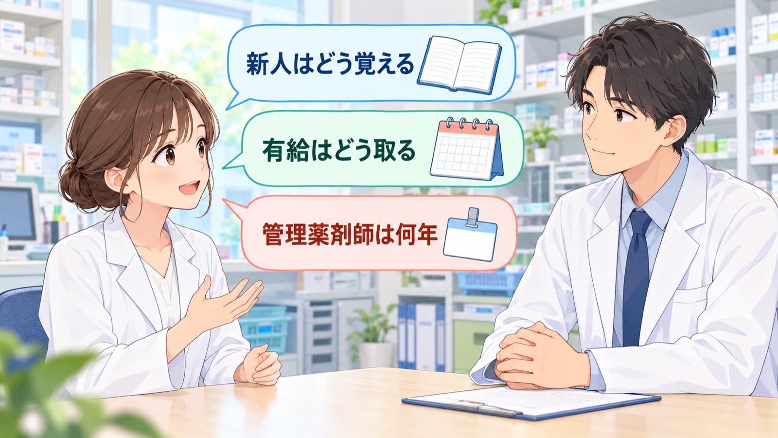 白衣の薬剤師が面接で質問している場面。吹き出しに「新人はどう覚える」「有給はどう取る」「管理薬剤師は何年」の3つの質問が書かれている図