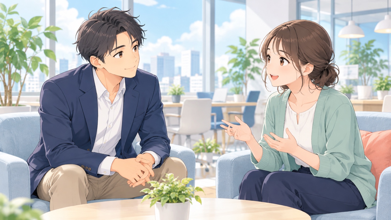 上司がうなずきながら部下の話を聞いている場面。上司はメモを取らず、部下が話している