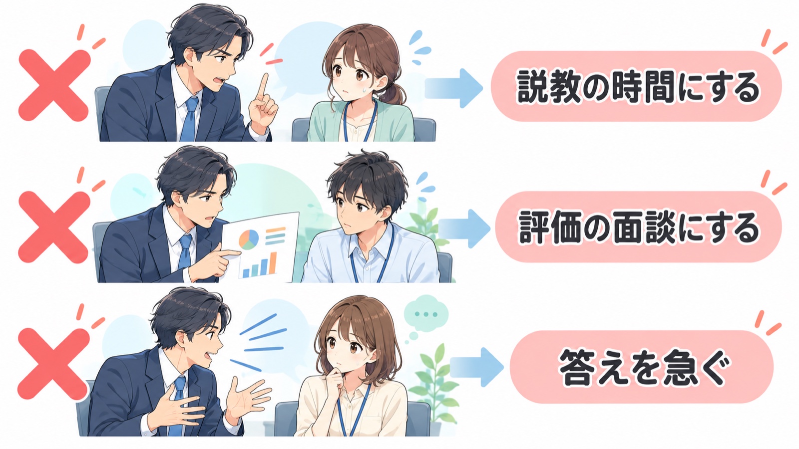 1on1でやってはいけない3つのことのチェック図。説教の時間にする、評価の面談にする、答えを急ぐ、それぞれにバツ印