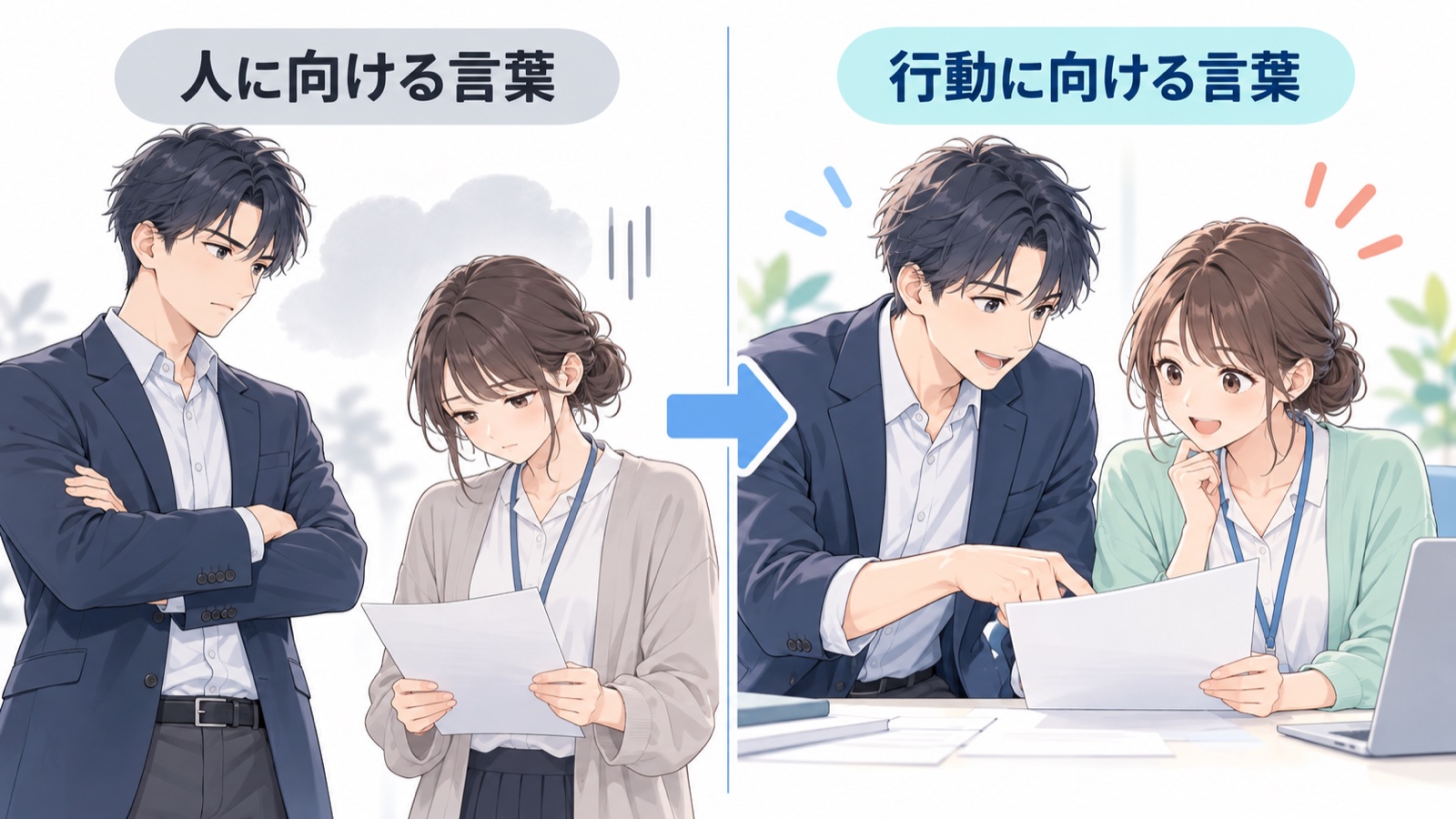 指導のつもりの言葉と、指導として伝える言葉を左右で比べた図。左は腕を組んだ上司と下を向く部下、右は上司と部下が同じ書類をのぞきこむ場面。人に向ける言葉、行動に向ける言葉、の文字