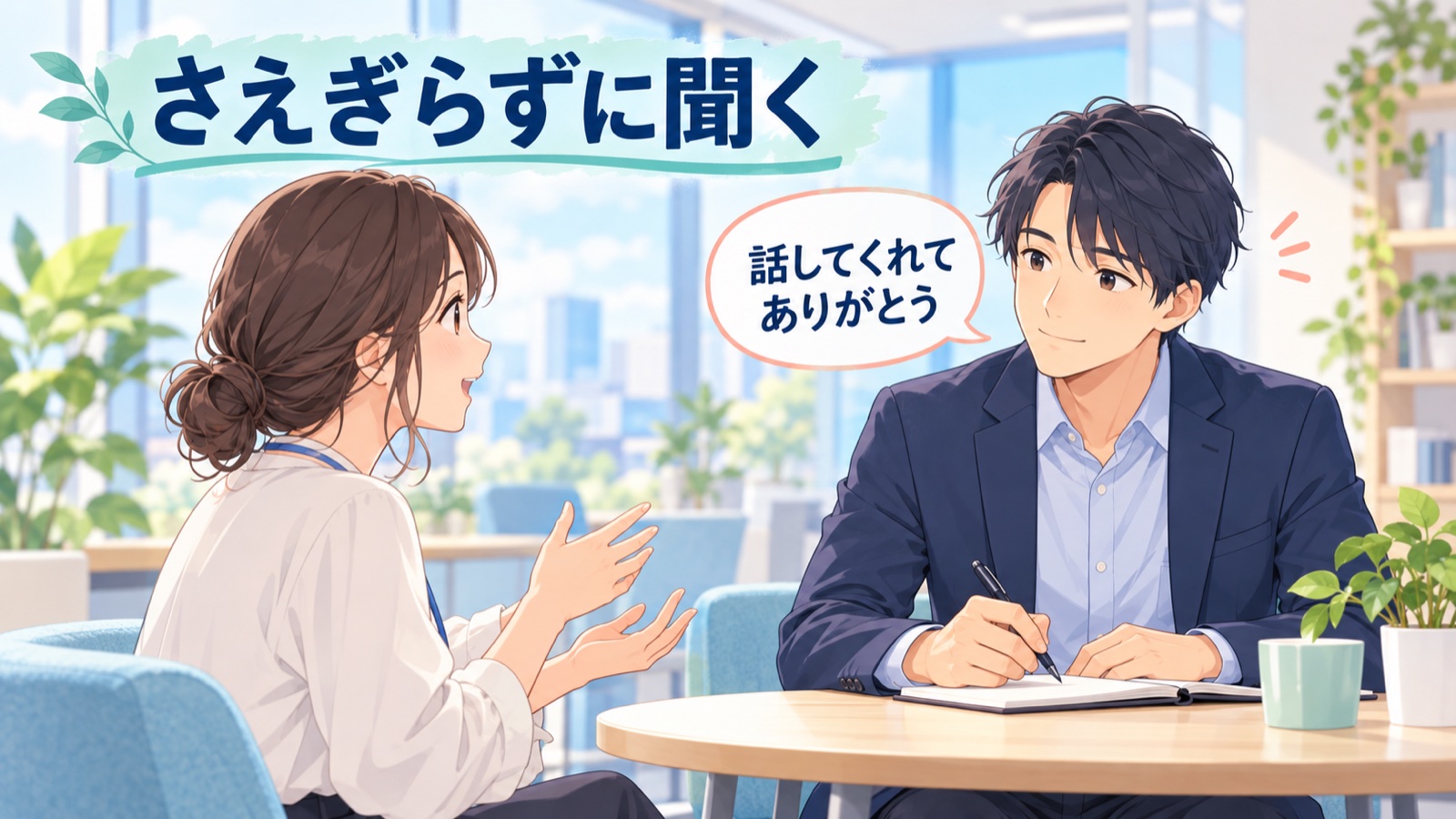 上司が落ち着いて部下の話を聞いている場面のイラスト。上司はメモを取りながらうなずき、部下が話している。話してくれてありがとう、さえぎらずに聞く、の文字