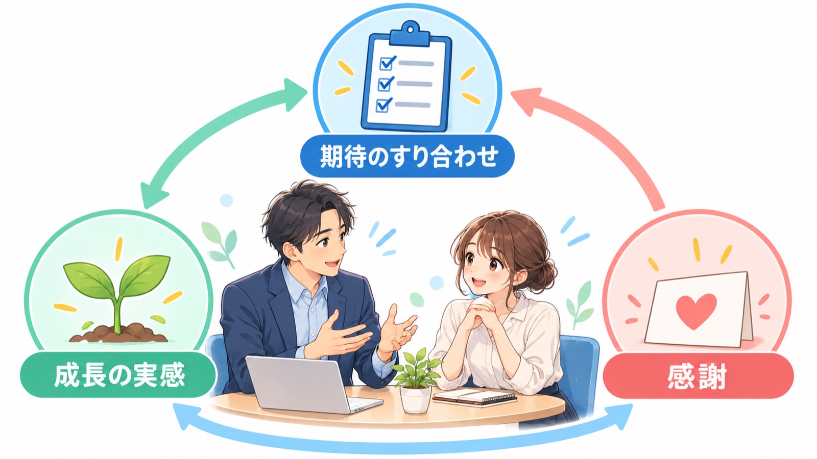 上司が見直したい3つのこと。期待のすり合わせ、成長の実感、感謝の3つが、部下と上司の対話を囲む図