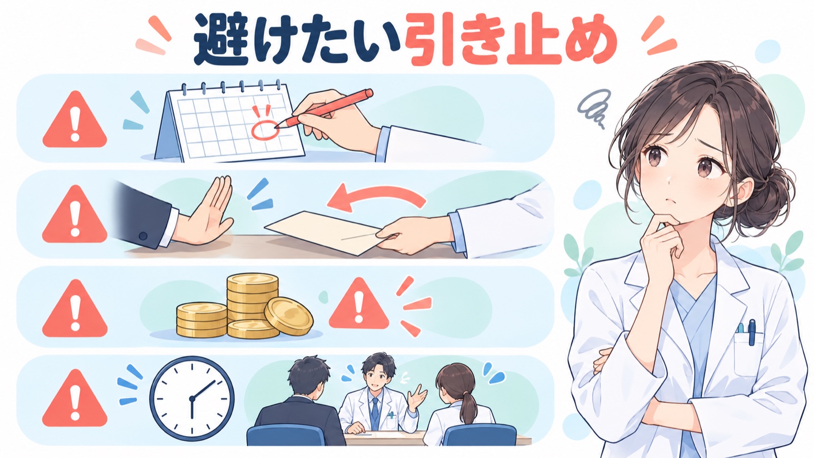 避けたい引き止め方4つを絵で示したチェックリスト。カレンダーの日付を決める上司の手、押し返される退職届、注意の印が付いたお金、長い面談を表す時計に、それぞれ注意の印を付けた図
