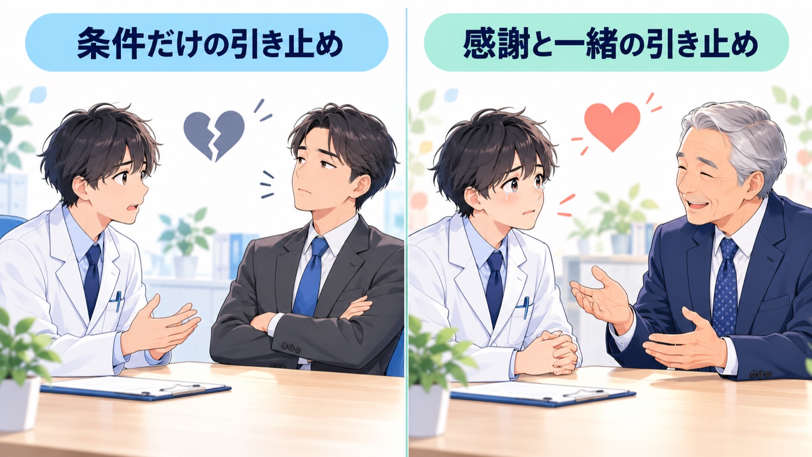 2つの引き止めの比べ方。左は他社の話を出して条件で上げてもらい信用が減った場面、右は役員から感謝を伝えられて約束を交わした場面を並べた図