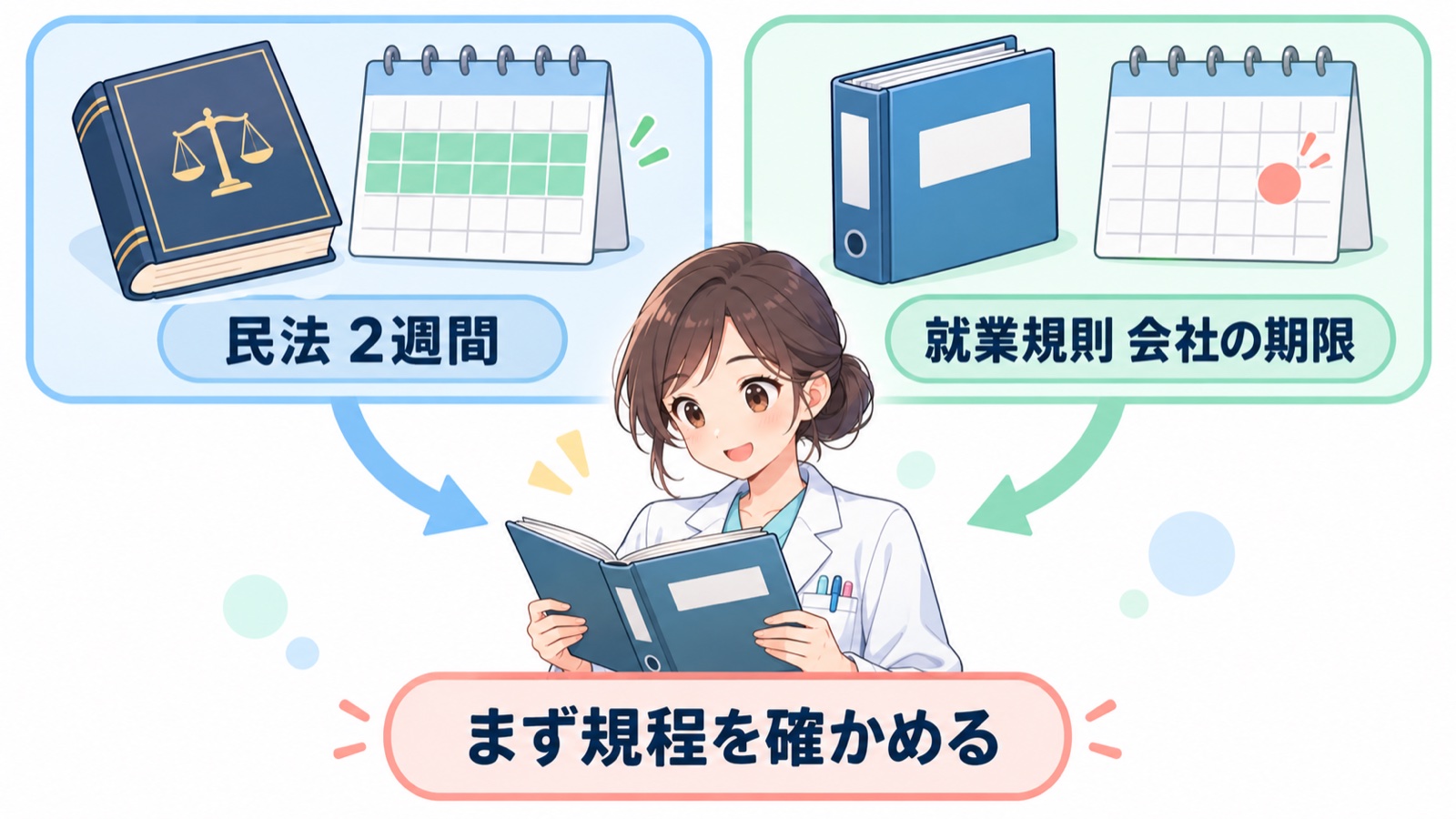 左に民法 申し入れから2週間 右に就業規則 会社が決めた期限 の2つの箱を並べ 下に まず自分の会社の規程を確かめる と書いた比べ方の図