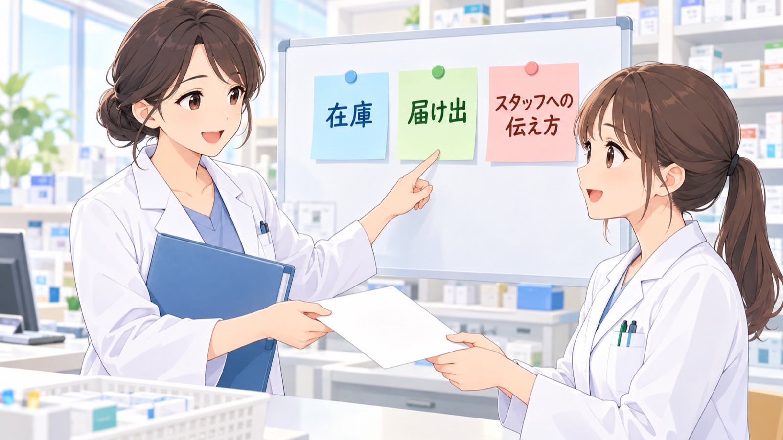 管理薬剤師が後任の薬剤師に ファイルとメモを渡しながら 在庫 届け出 スタッフへの伝え方 の3つの付箋を指さしている引き継ぎの場面