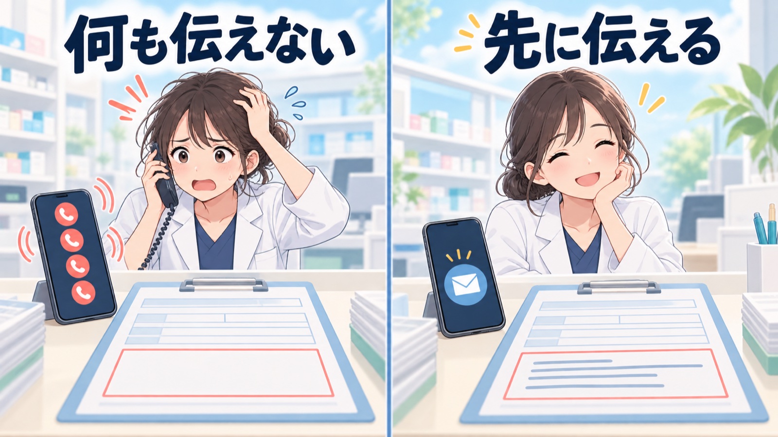 電話がしつこくなりやすい登録と なりにくい登録を左右に比べた図 左は何も伝えずに登録した薬剤師のスマホに着信が並び 右は備考欄に書いて先に伝えた薬剤師のスマホにメールが1通だけ届いている