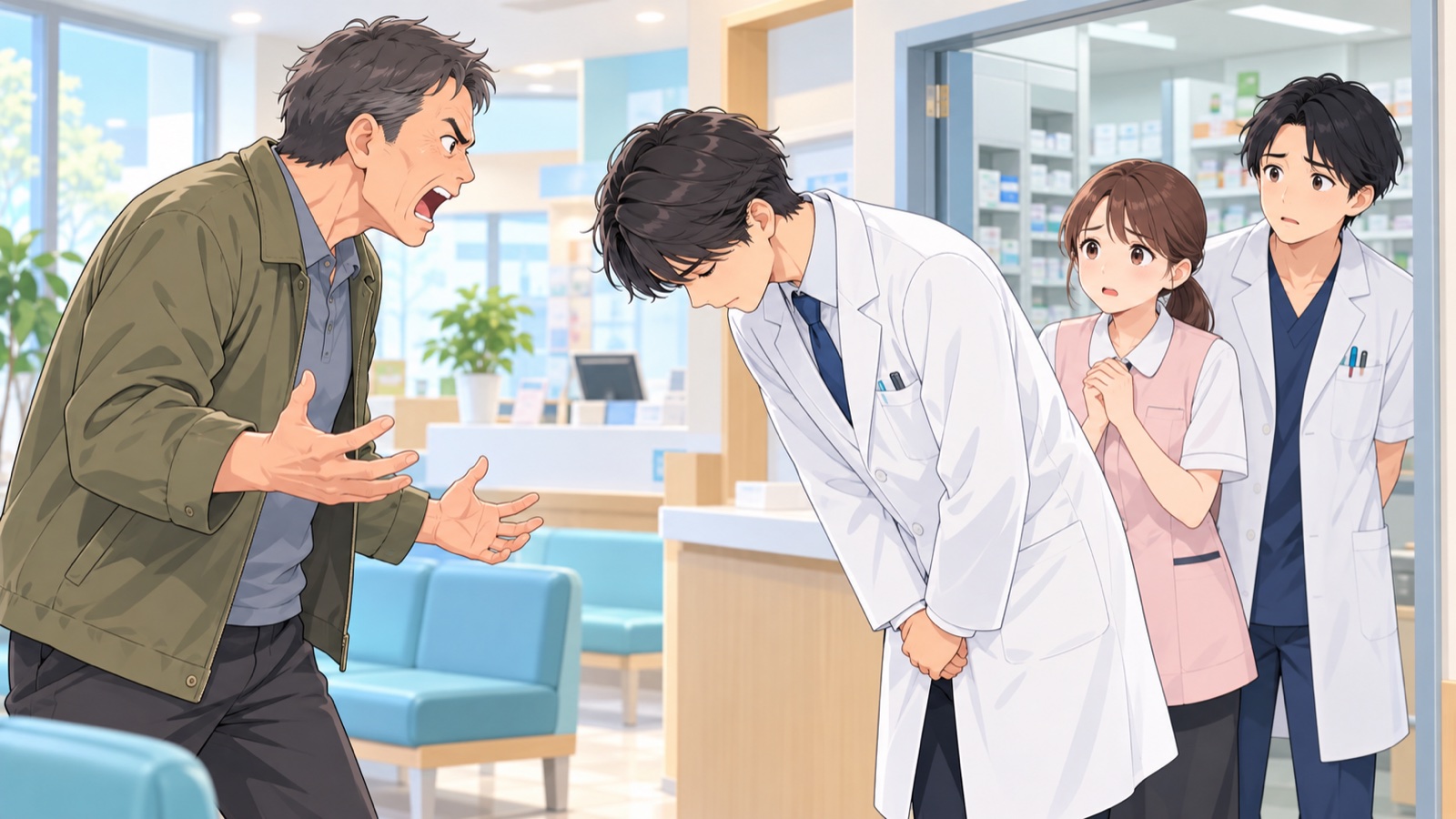 待合室で声を荒げる患者の前に、調剤室から出てきた男性の管理薬剤師が立ち、後ろにいる事務スタッフと薬剤師を守るように頭を下げている場面